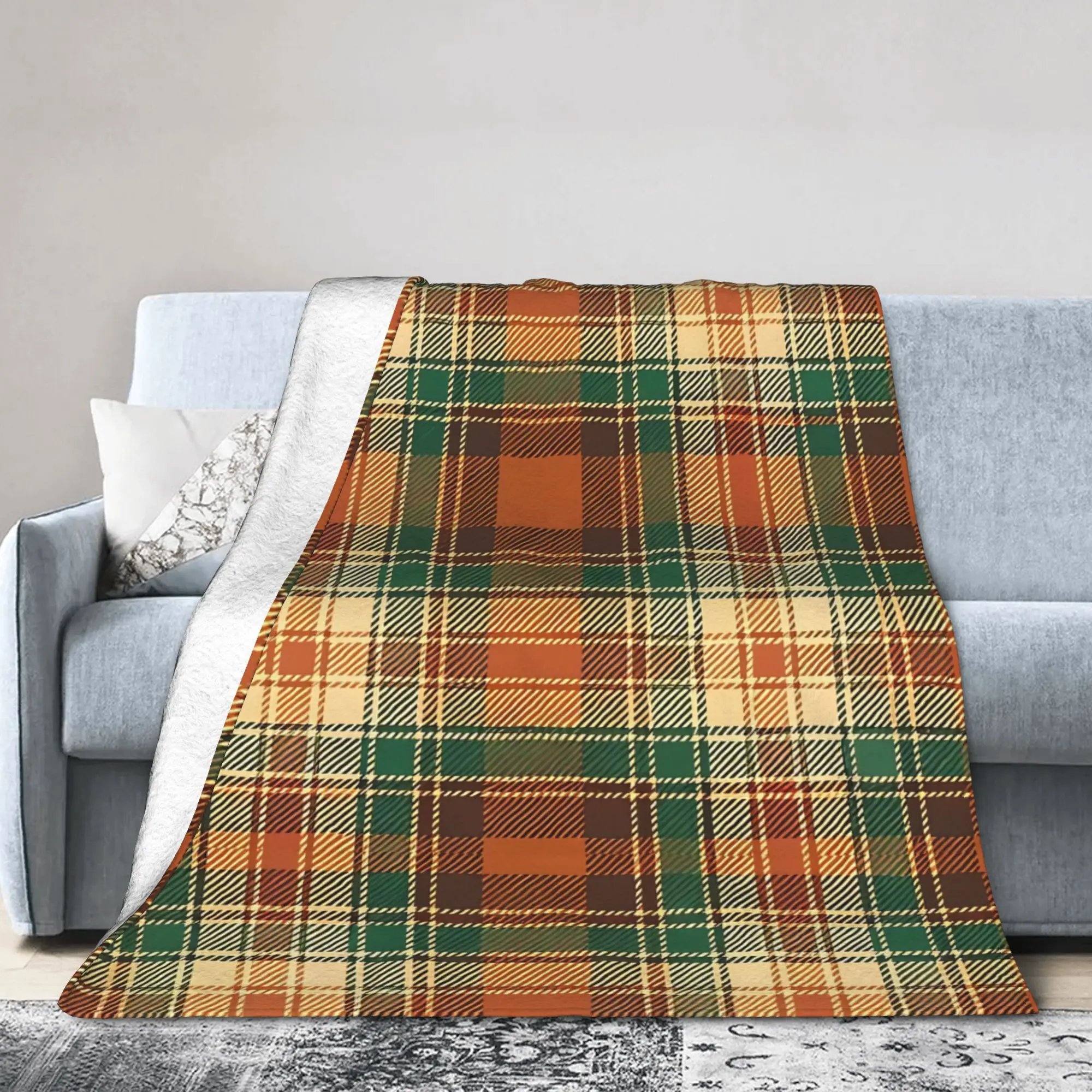 Tartan Plaid Pine Green & Spice Orange Checks  Flannel Blanket  Throw Blankets for  Sofa Bedding Lounge 150*125cm Bedspreads,