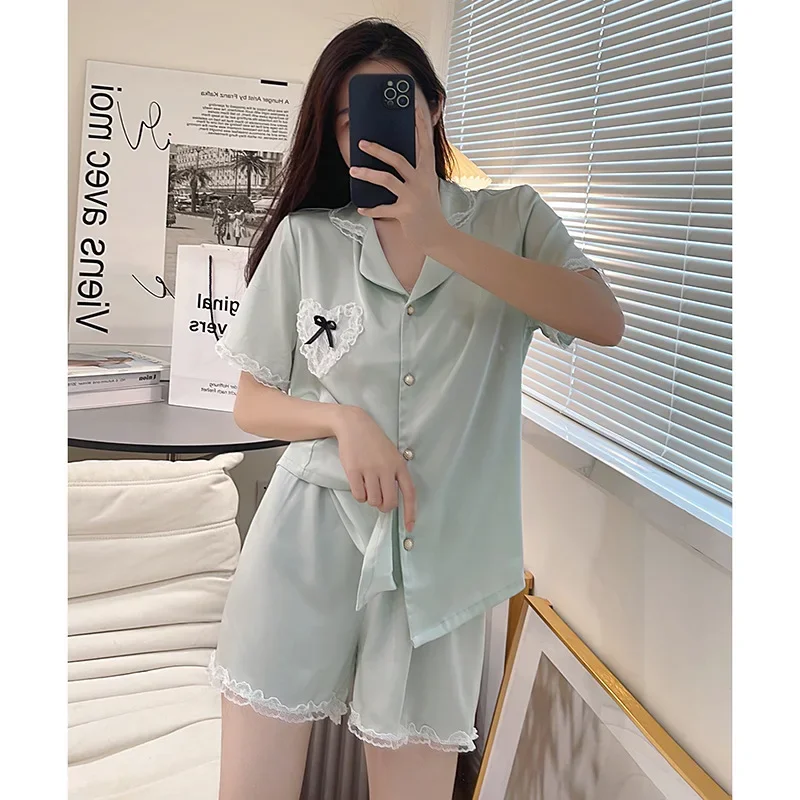 

Women Sweet Korean Pink Pajamas Set Lapel Lace Student Nightwear Short-Sleeved Shorts Sleepwear Cardigan Ladies Homewear Set