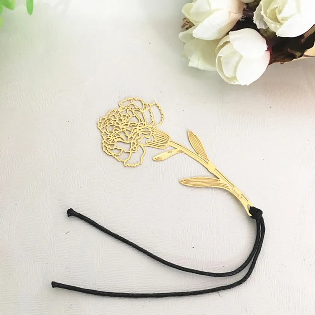 

6pcs Metal Bookmark Hollow Carnation Flower Shaped Pendant Bookmark with String for Book Paper Office School Supplies (Golden)