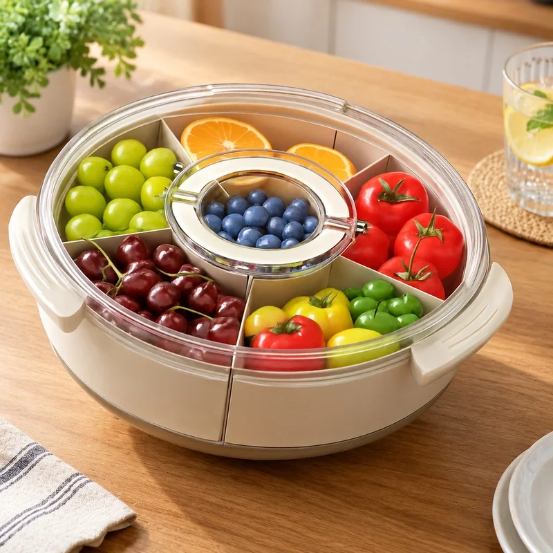 Rotatable Transparent Snack Tray with Handle and Cover, Divided Compartments for Storing Fruits, Veggies, and Party Bites