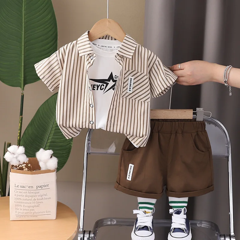 2024 Toddler Summer Outfits for Baby Boy Clothes 1 To 2 Years Vertical Striped Short Sleeve Shirts + T-shirts + Shorts Kids Suit