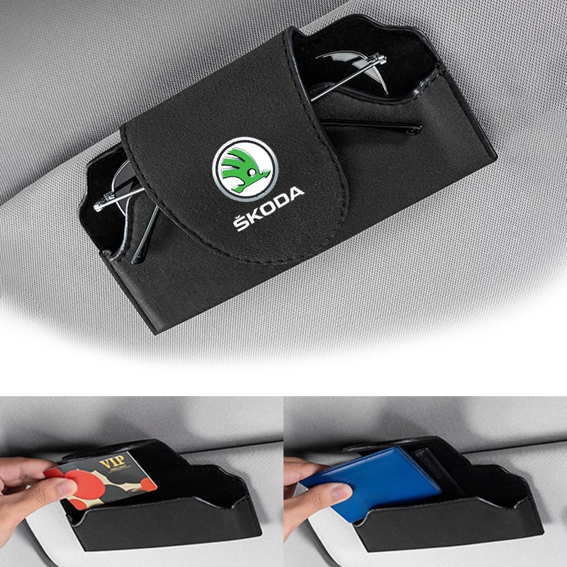 جديد الجلد المدبوغ سيارة الداخلية نظارات حالة النظارات صندوق تخزين كليب لسكودا اوكتافيا السريع كودياق رائع مشتق كاروك فابيا Kamiq #2