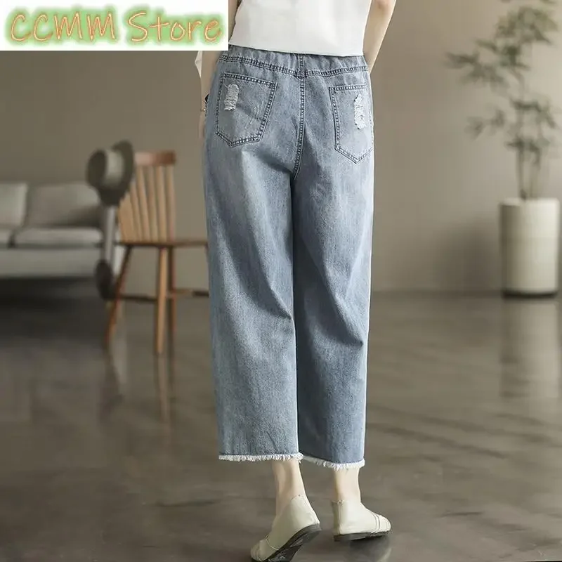 Vintage Hole Embroidery Washed Denim Pants Women's Clothing Spring Summer New Loose Casual Elastic High Waist Cropped Pants