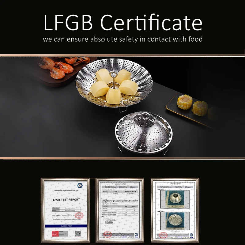 LFGB Certificate 304 Stainless Baozi Steamer Foldable Food Steaming Tray with 4cm Height Rack and 3mm Holes Detachable Handle