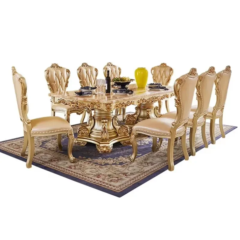 French Royal Classic 6-Seater Dining Room Set Champagne Gold Oval Table Wood Inlay Veneer Leather Chairs view 2