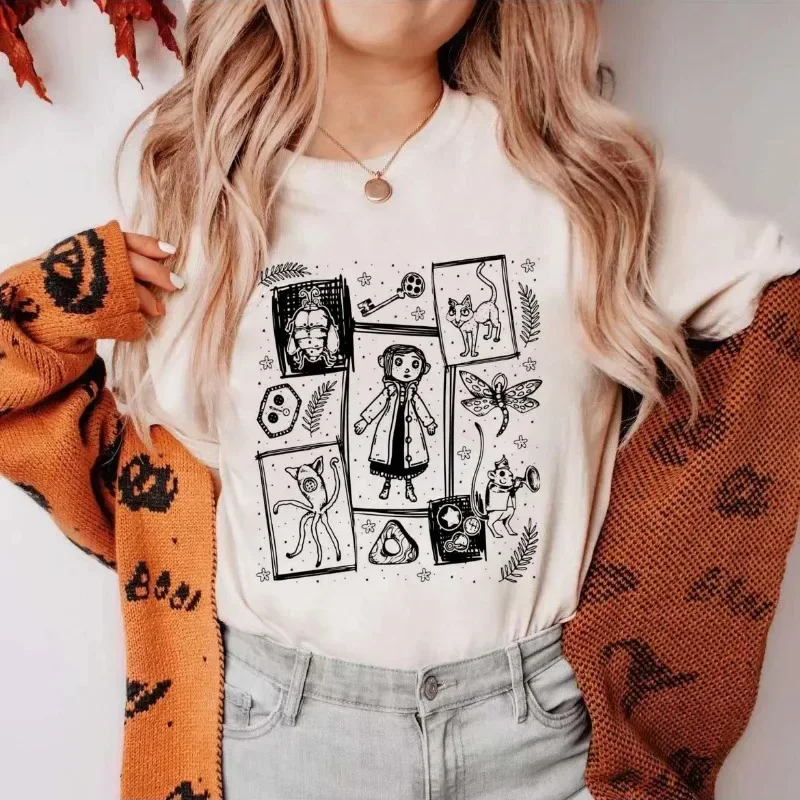 كورالاين فيلم كورالاين دمية دريمز تي شيرت مطبوع ريترو ستايل الشارع ملابس بأكمام قصيرة المرأة س الرقبة الشارع الشهير قمم تي شيرت