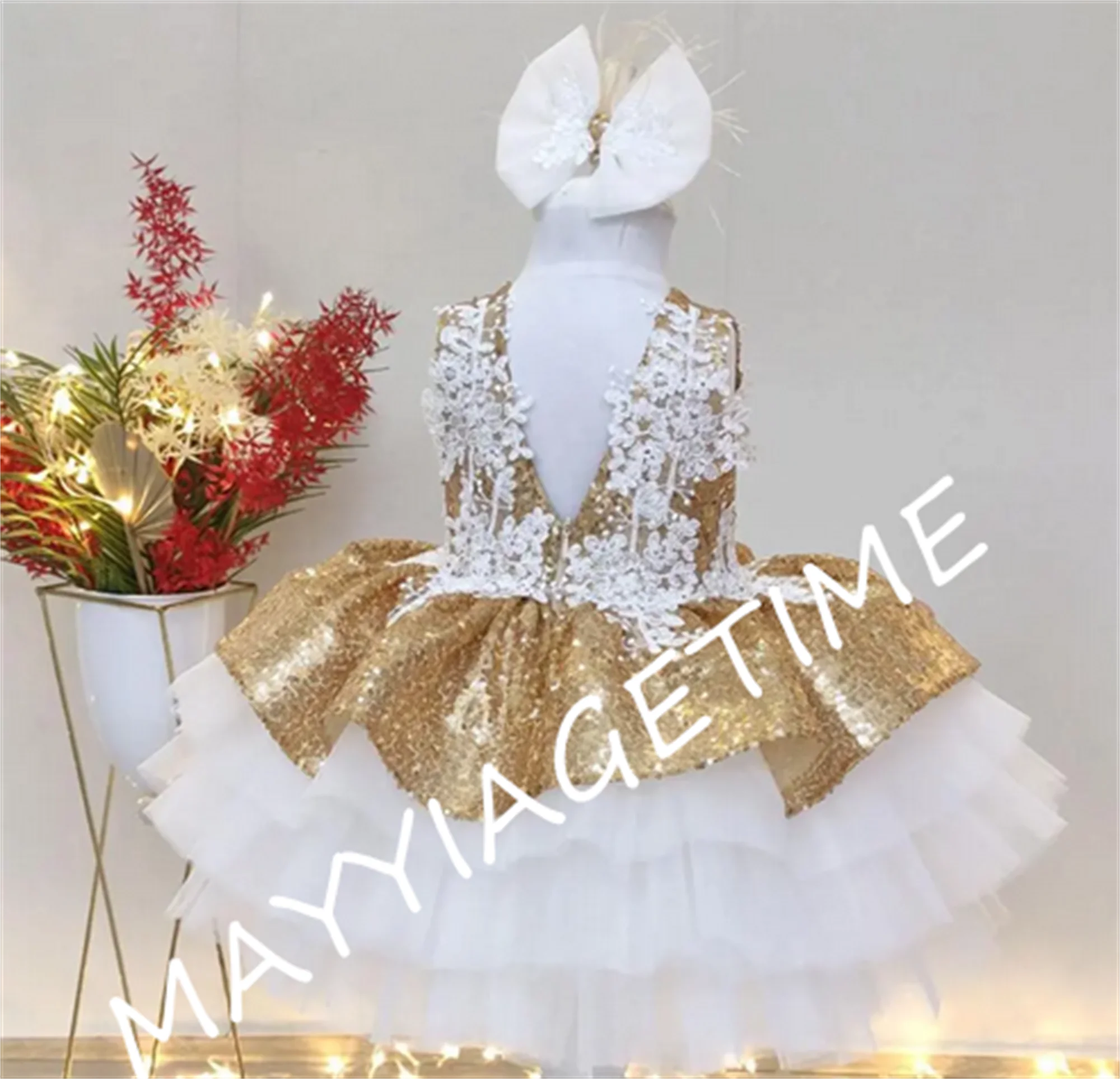 Gouden Sparkle Baby Meisje Jurk Tutu Lovertjes Peuter Feestjurk Fotoshoot Doop Jurk Verjaardag Jurk Met Strik