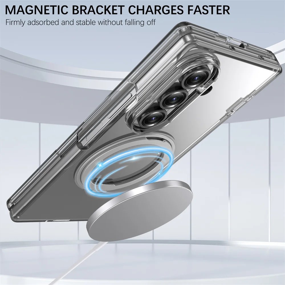 360 °   Funda de teléfono a prueba de golpes con bisagra de soporte magnético giratorio para Samsung Galaxy Z Fold 7 Fold7 para cubierta de carga inalámbrica Magsafe