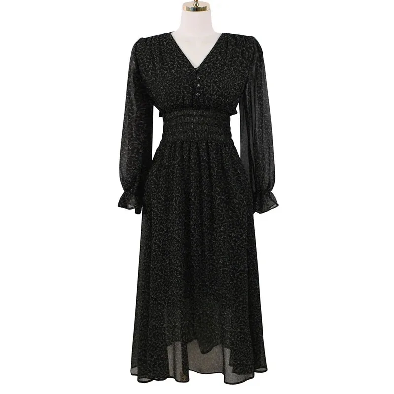 Vestido elegante de gasa Floral por debajo de la rodilla con cuello en V, vestido Maxi Vintage informal a la moda para mujer, Vestidos femeninos de manga larga, Vestidos 11665