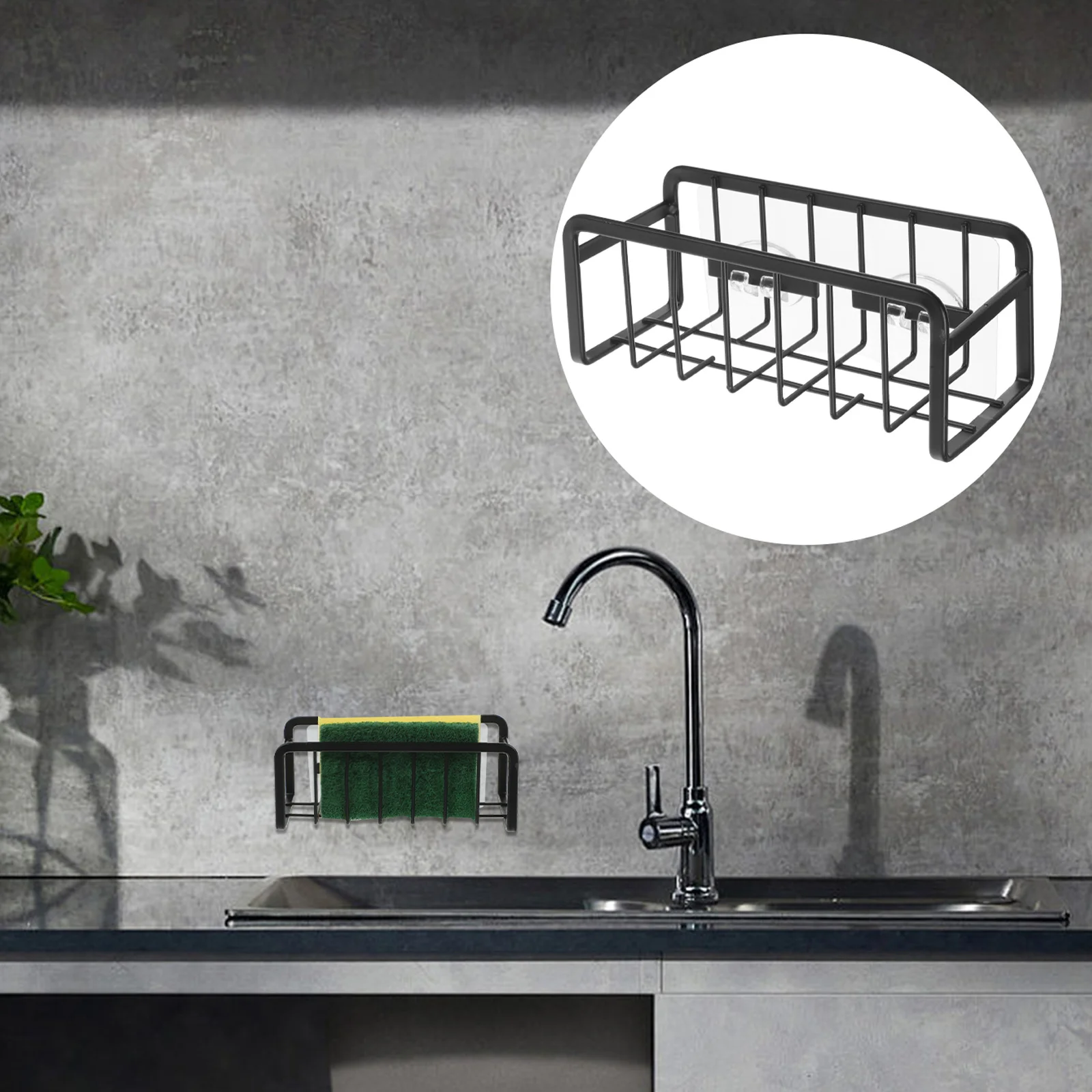 

Classic Black Kitchen Sink ganizer Sponge Holder Draining Rack for Sponges Detergents Multi Functional No Drilling Iron Material
