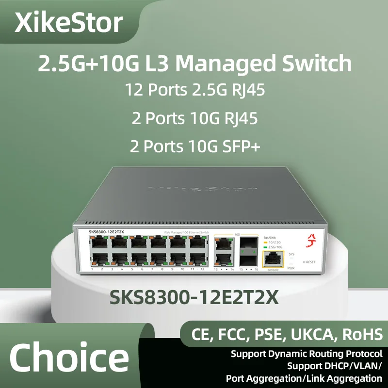 XikeStor L3 Managed Switch 12-Port 2.5G RJ45 Base-T 2-Port 10G RJ45 2-Port 10G SFP+ Uplink Support Web/Cli Manage VALN/DHCP