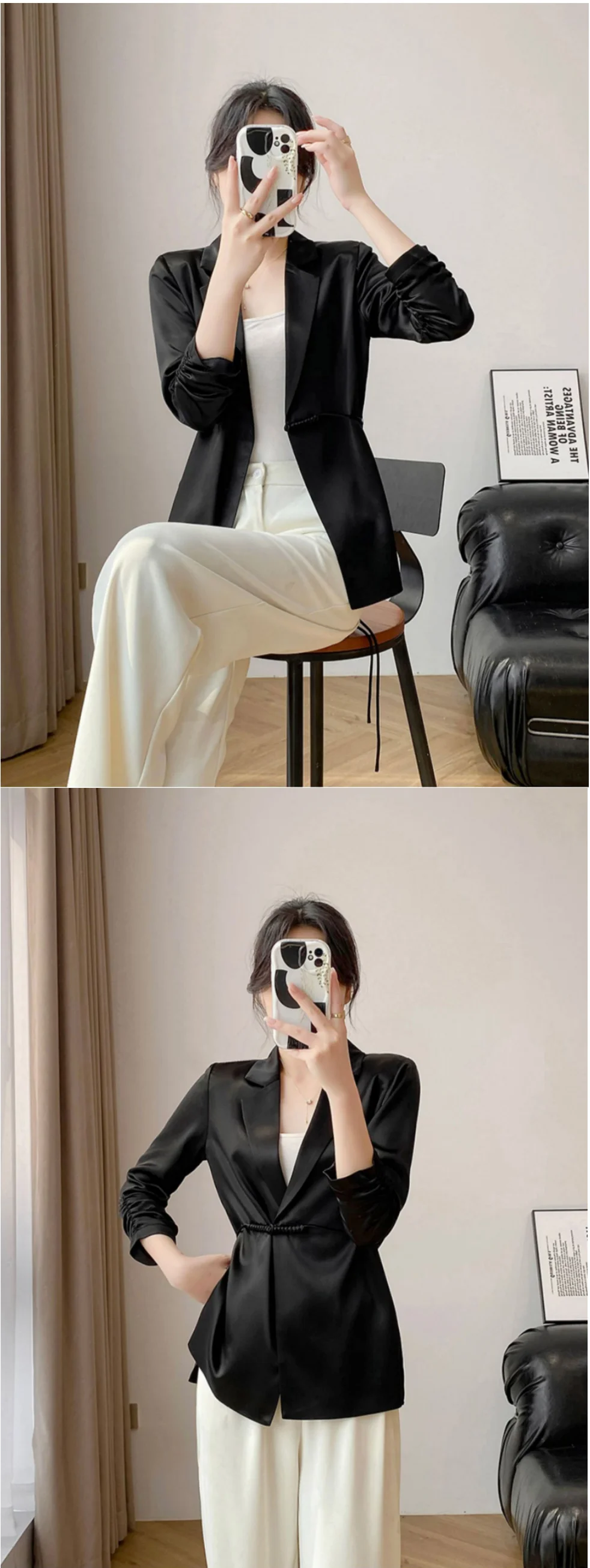 Damenjacke für Frühling und Herbst, neue Arbeitskleidung im chinesischen Stil, modischer und eleganter weißer Freizeitblazer, Satin-Acetat-Stoff, schwarzer Blazer mit Dreiviertelärmeln und einem Knopf – Detail 9