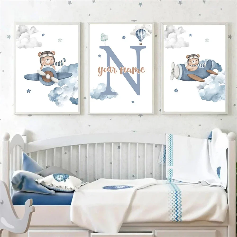 

Blue Nursery Art Prints Cartoon Bear Airplane Cloud Canvas Painting Custom Name Poster Nordic Wall Pictures Kids Room Decoration