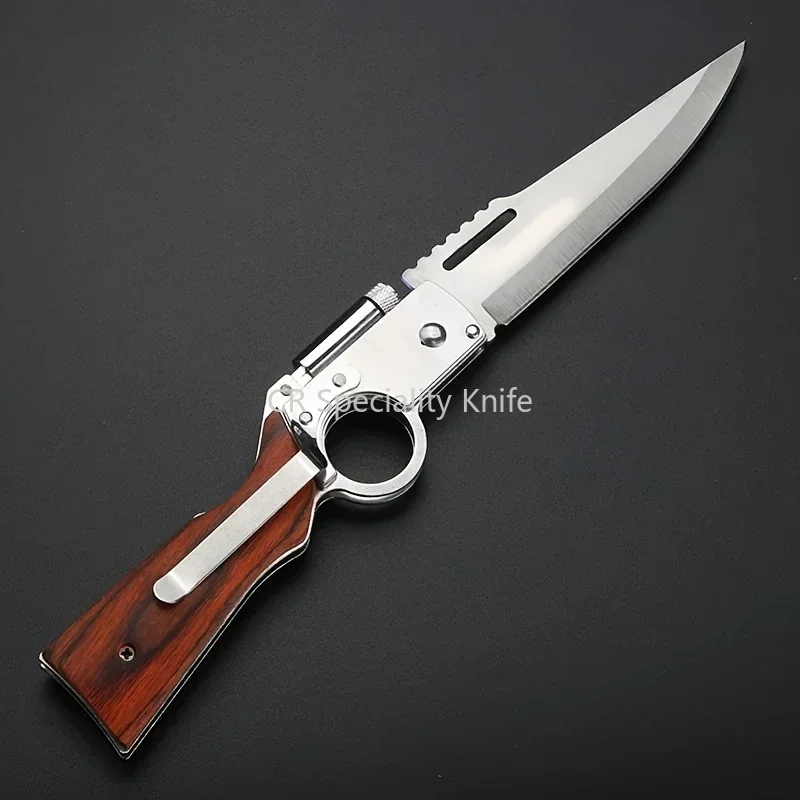 Portable AK47 EDC Folding Knife Outdoor Hunting Wooden Handle Tactical Self Defense Utility Tools with LED Lights Multi Knives