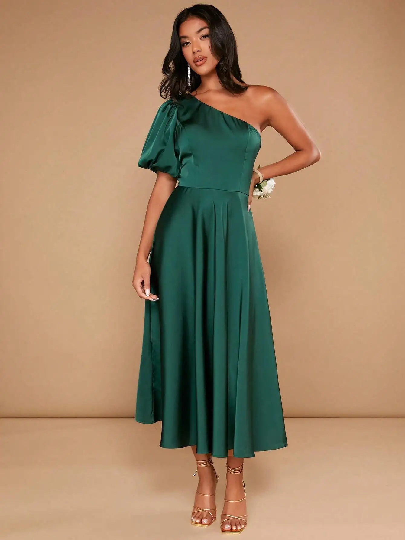 Emerald Green Asymmetrical One-Shoulder Puff Sleeve Satin Midi Dress