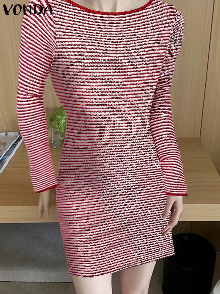 Fashion Striped Sweater Dress Women Sweaters VONDA Pullovers Long Sleeve Women's Clothing Vestidos Oversized Party Streetwear