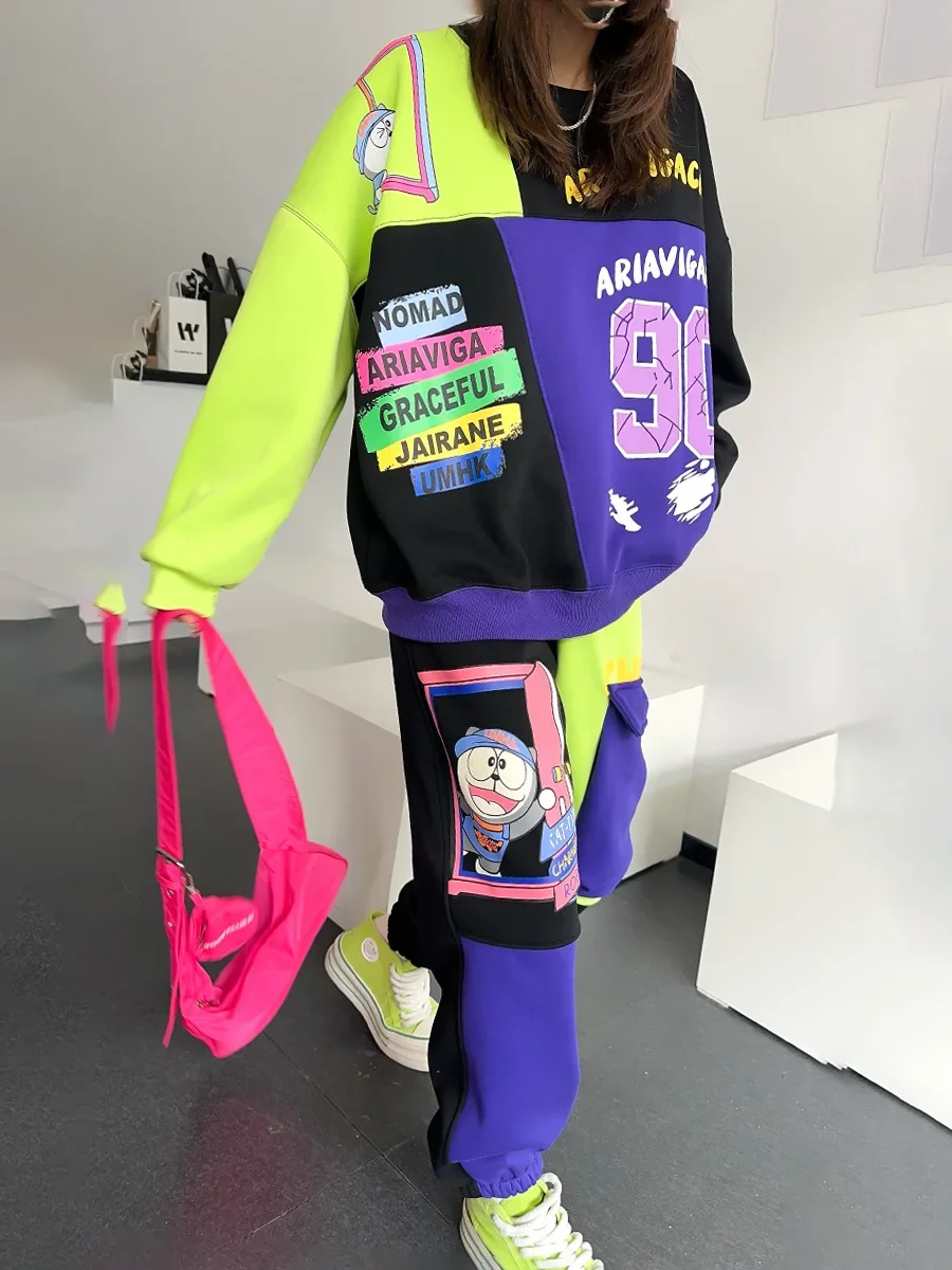 Winter College Style Contrasting Color Splicing Oversized Sweatshirt and Thickened Sweatpants Fleece Casual Sports Sets Women
