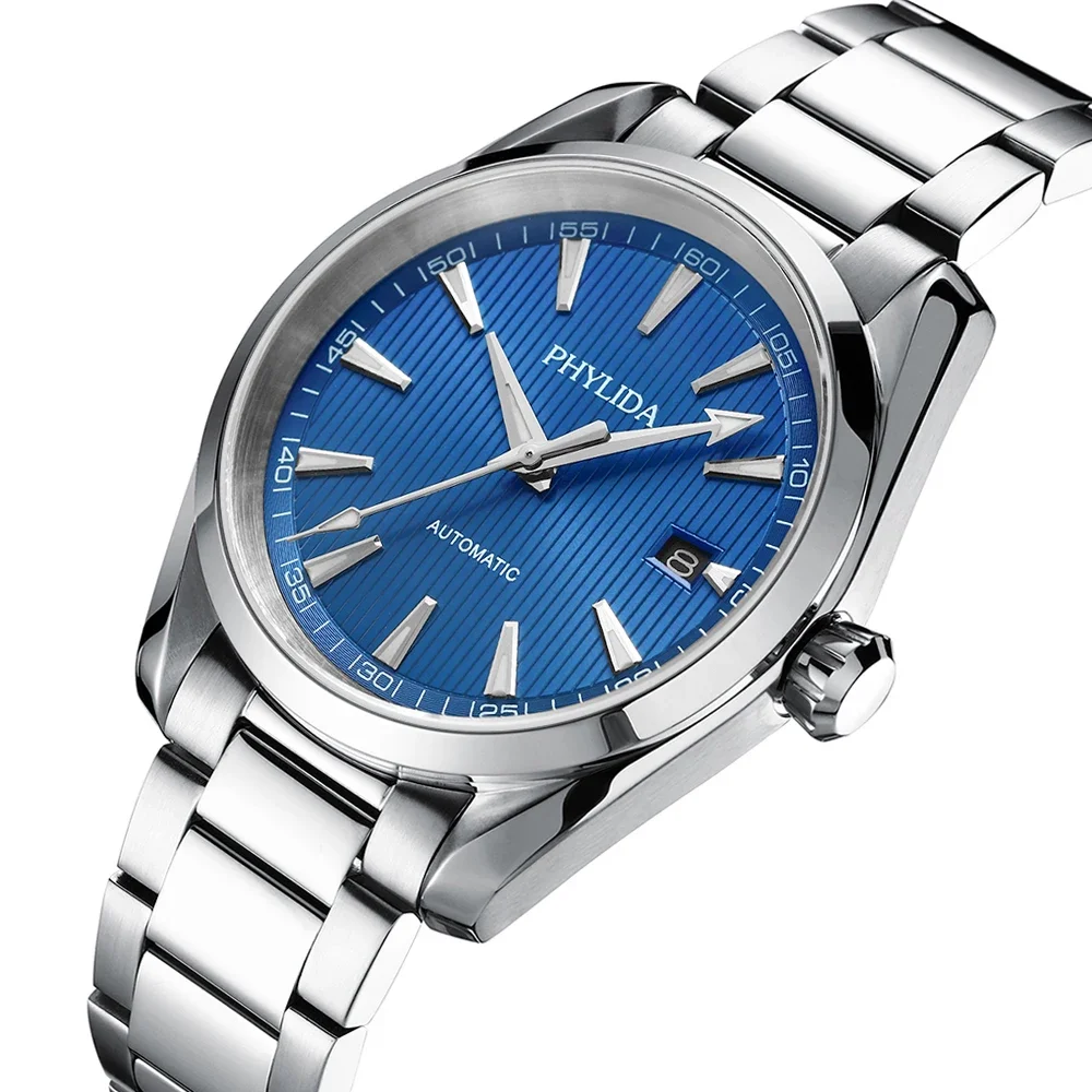 PHYLIDA 40MM NH35 Automatyczny Zegarek Niebieska Tarcza Klasyczny Mechaniczny Zegarek na Rękę Solidna Stal Nierdzewna Szkło Szafirowe Kopułkowe AT150