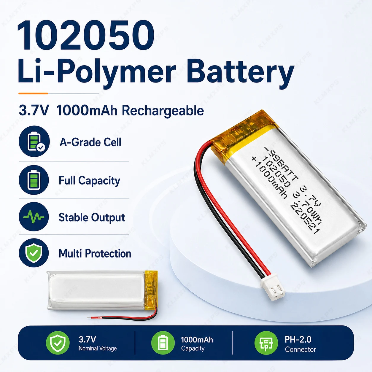 3.7V 1000mAh Lithium Polymer Rechargeable Battery with PH 2.0mm 2Pin Plug 102050 for GPS Beauty Device LED Light Strip
