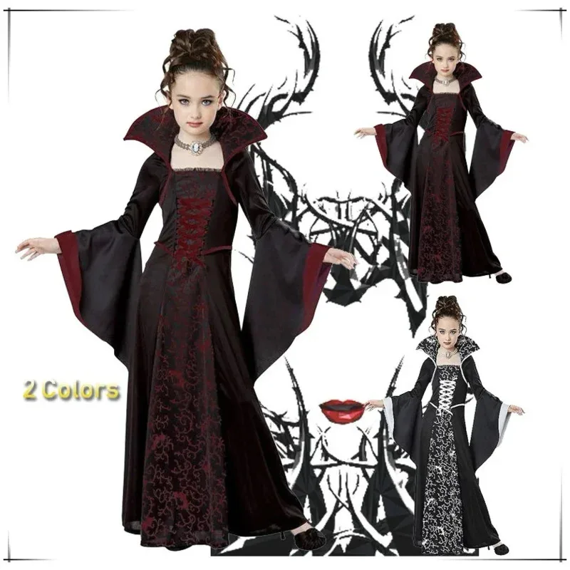 

Halloween Costume for Kids Girls Flared Sleeves Royal Vampire Costume Girl Medieval Long Sleeve Dress Costume for Party Cosplay
