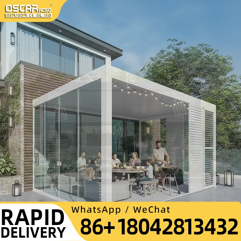 High Quality Black Glass Roof Beach Gazebo Awnings with LED for Garden Backyard Patio pergola