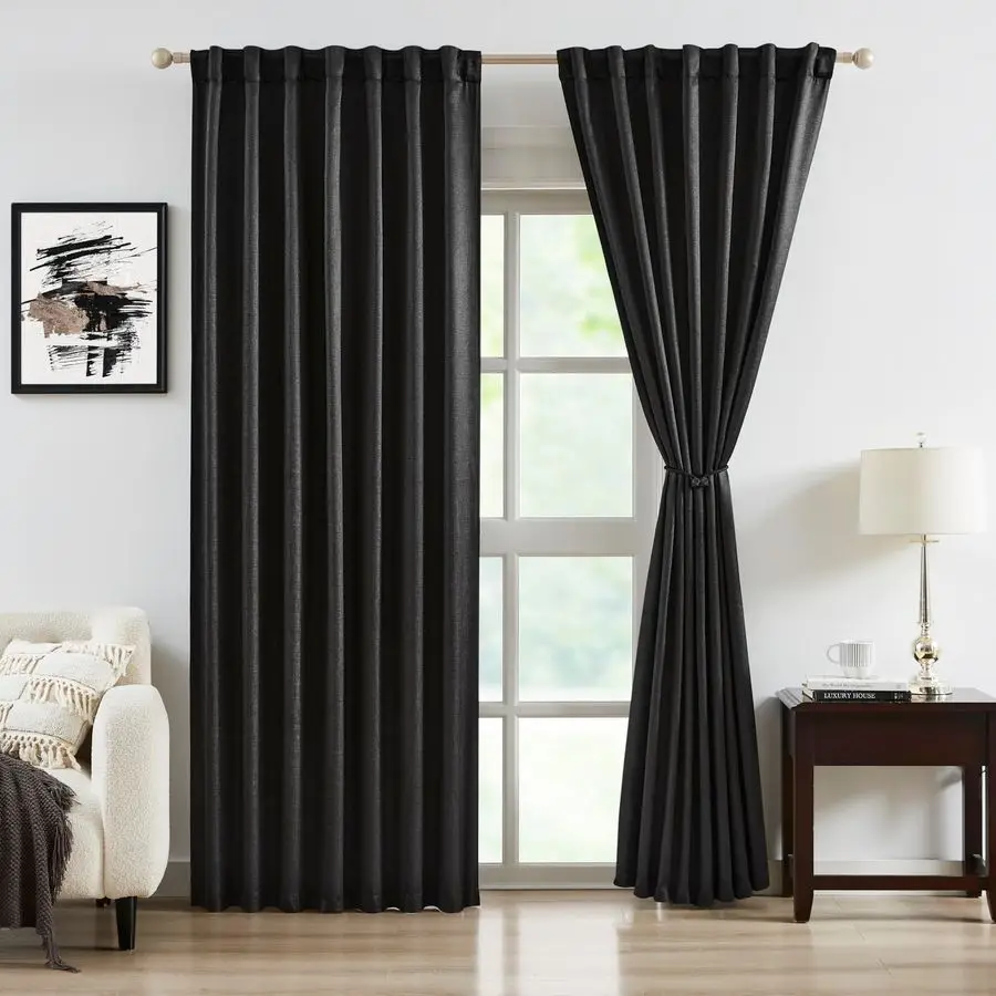 

Jacquard Black Blackout Curtains with Tiebacks Rod Pocket Back Tab Luxury Thermal Insulated Room Darkening Halloween Window Curt