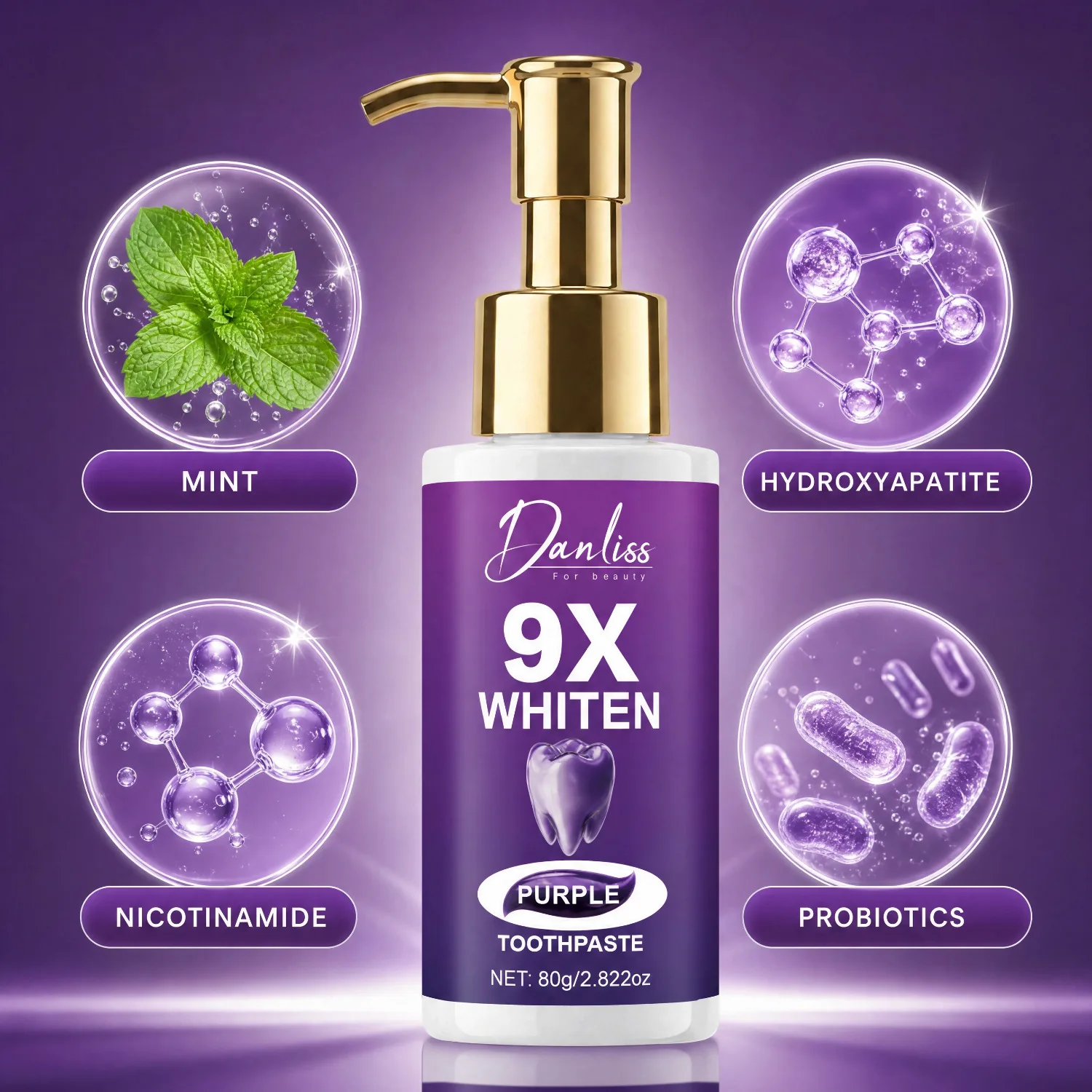 9X Whitening Purple Toothpaste – 80g Pump Bottle with Hydroxyapatite, Nicotinamide & Probiotics for Stain Removal.