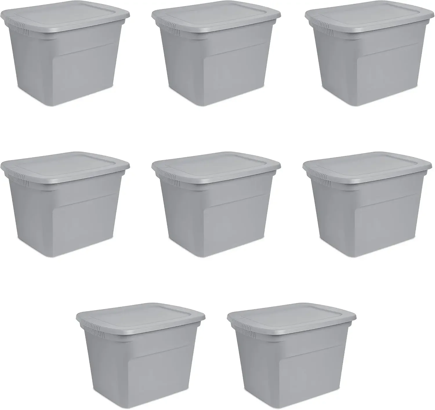 18 Gal Storage Tote, Stackable Bin with Lid, Plastic Container to Organize Clothes in Closet, Basement, Gray Base and Lid, 8-Pac