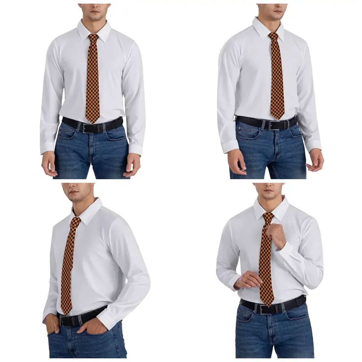 Gravata de pescoço padrão quadriculada laranja e preto masculino, gravata de seda personalizada, gravatas xadrez geométricas para negócios, cravat clássico