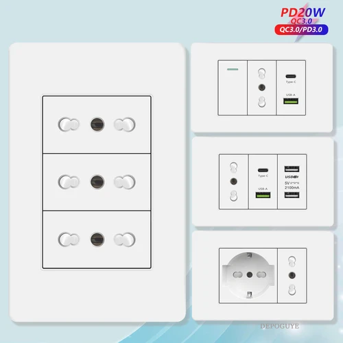 Imagen 1 del producto Salida blanca de Italia Chile con carga rápida USB inteligente tipo c, toma de pared USB doble, enchufes de Chile, Panel de plástico, interruptor de luz, TV satinada