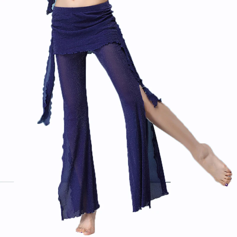 Women Belly Dance Pants Oriental Tribal Lady High Waist Trousers Adults Silver Silk Wave Split Pants Skirt Practice Clothing XL