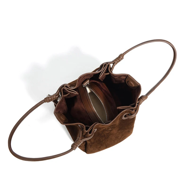 Luxury Suede Leather Crossbody Shoulder Bag,High Quality Shopper Basket Bucket Bag,Trendy Classic Women\'s Vintage Brown Handbag