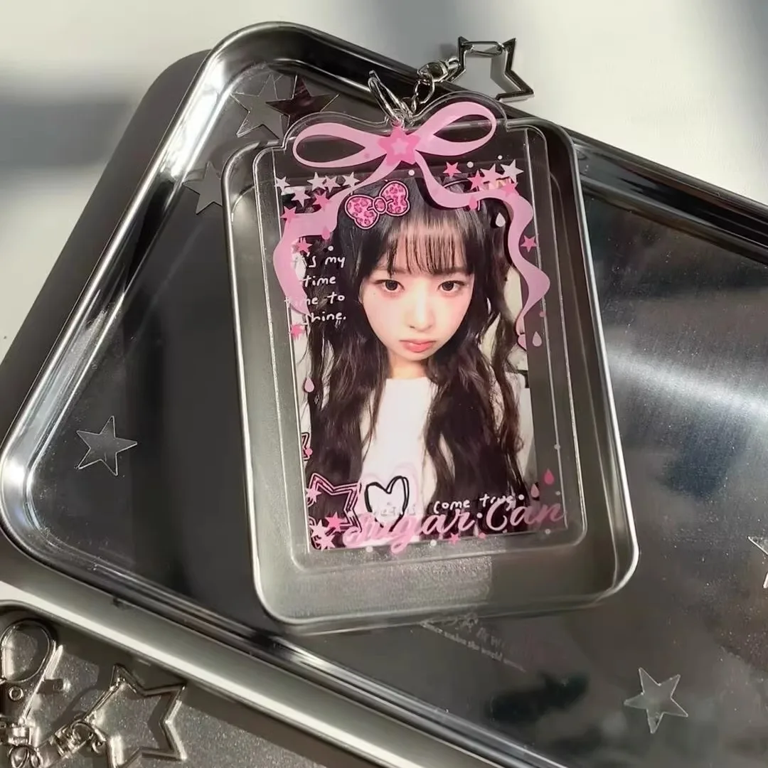 Star Bow Acrylic Card Holder Aesthetic 3" Photo Sleeve Protective Cover with Chain for IDOL Kpop Mini Card Bag Charm Pendant