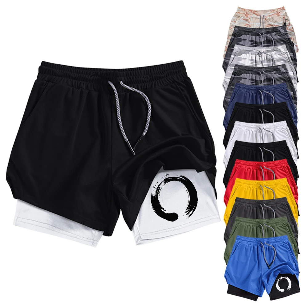 

Летние мужские двухслойные шорты для фитнеса и бега с принтом «Инь-Ян», быстросохнущие, для тренировок в спортзале, спортивные шорты с карманами