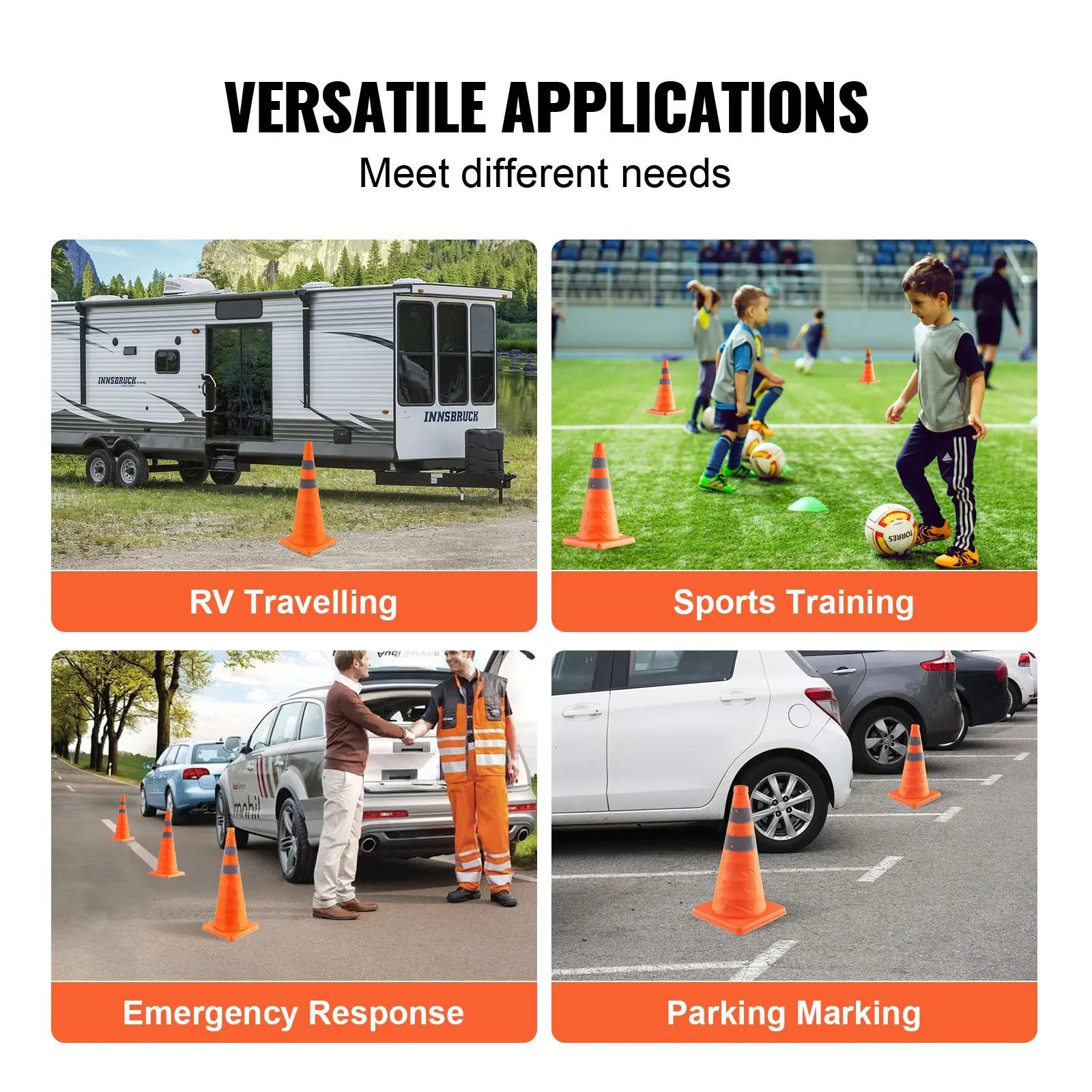Safety Cones, 4 Pack 28 inch Collapsible Traffic Cones, Construction Cones with Reflective Collars, Wide Base and A Storage Bag, for Traffic Control, Driving Training, Parking Lots