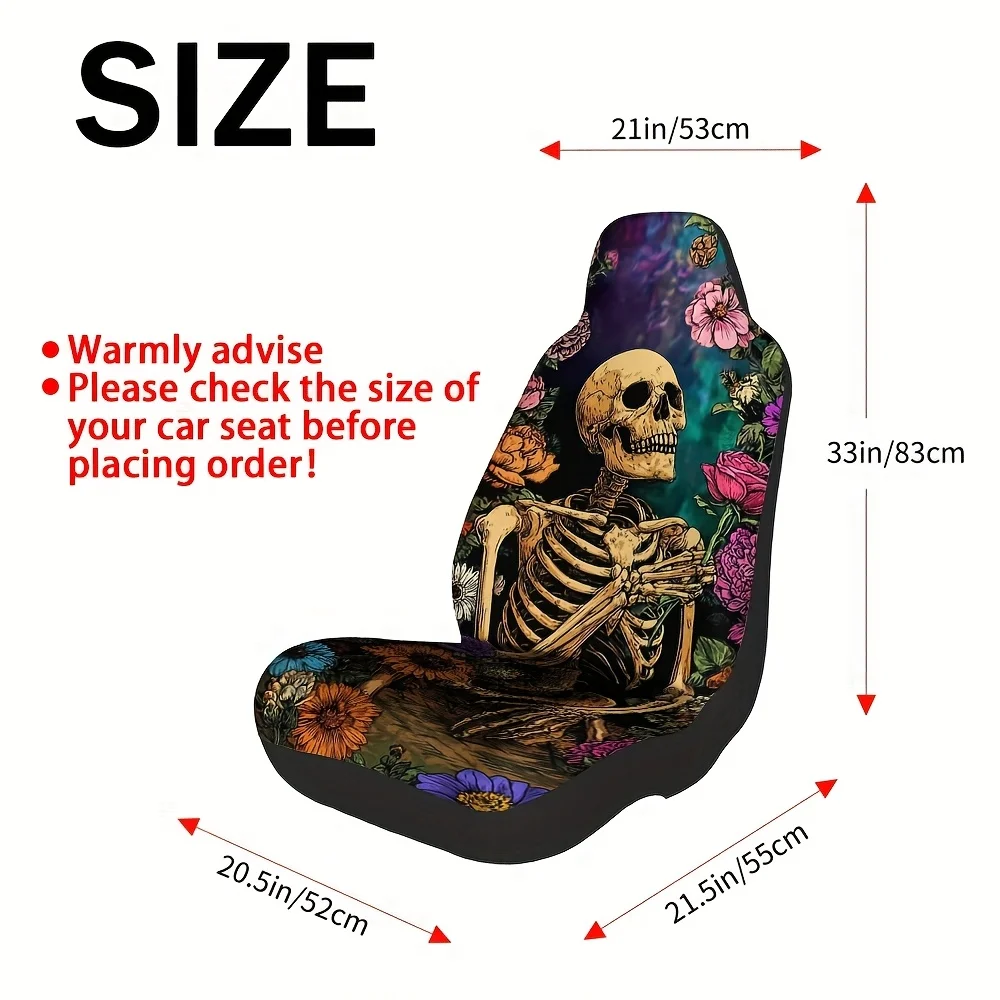 2pcs Gothic Floral Skeleton Car Seat Covers - Soft Washable Polyester, Fit For Cars, SUVs, Trucks - Elegant Floral & Skeleton De