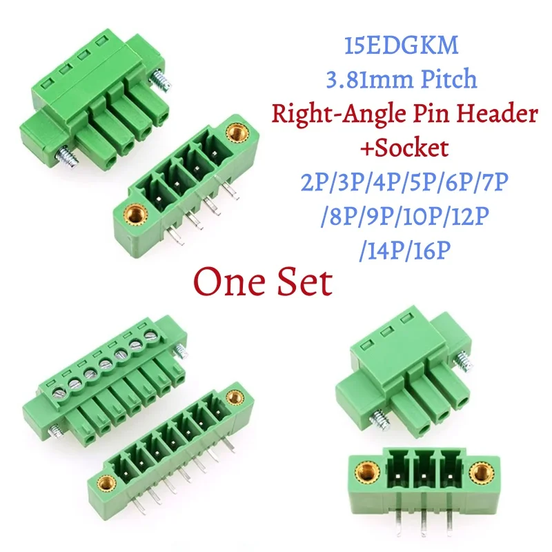5pcs 15EDGKM 3.81mm Pitch Plug Play PCB Terminal Block with Ears Socket Connector Straight/Right‑angle Pin 2/3/4/5/6/7/8/9/10P
