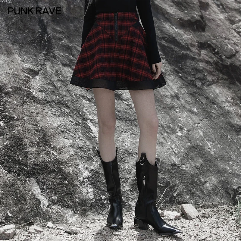 

PUNK RAVE Women's Punk Daily Black-red Plaid Large-hole Mesh Stitching Sun-hem Twill Skirt Futuristic Feelings Women Mini Skirts