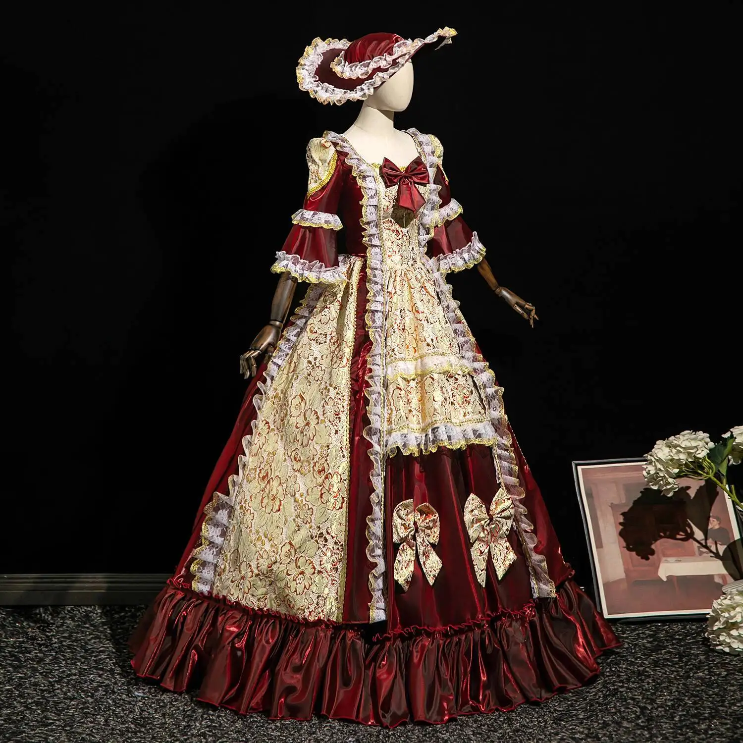 New Wine Red Festooned Vehicle Cruise European Style Court Palace Princess Dress Catwalk Christmas Perform Annual Meeting Women