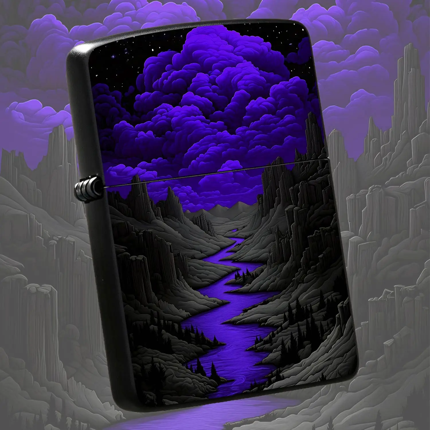 Mysterious Purple Nightriver Landscape Lighter, Starry Cloud Valley Scenic Portable Igniter, Stylish Decor For Outdoor Camping Daily Commute, Unique Exquisite Gift For Scenery Lovers, Artistic Aesthetic Collectible Acce A Humorous And Inter