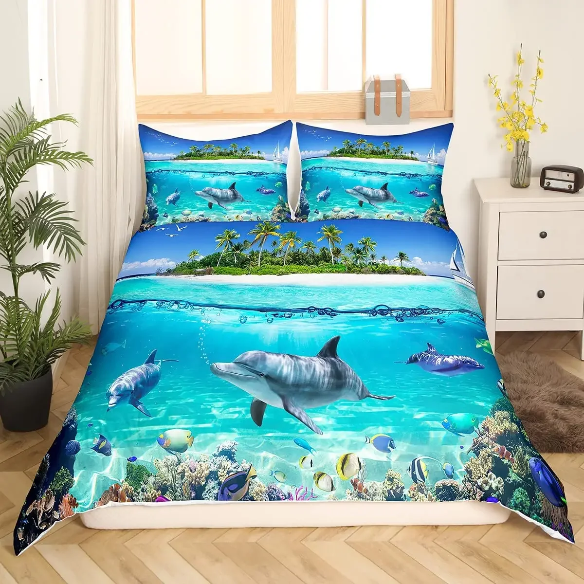 Dolphin Duvet Cover Set Underwater World Printed Twin Queen Bedding Sets Fish and Coral Reef Comforter Cover with Pillowcase