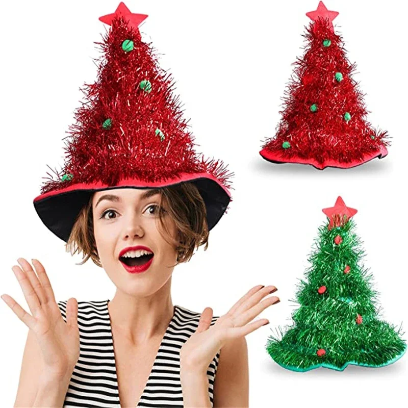 

Christmas Hats Tree Tinsel Hats Xmas Tree Hat Costume Accessories Red Green Glitter Party Hats Christmas Costume