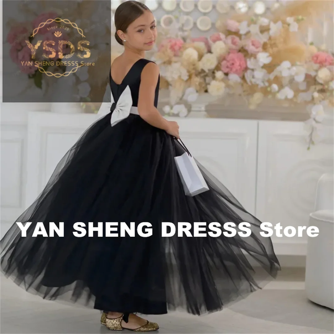 Customized Flower Girl Dresses Tulle With White Bow Sleeveless For Wedding Birthday Party Prom Banquet Princess Gowns