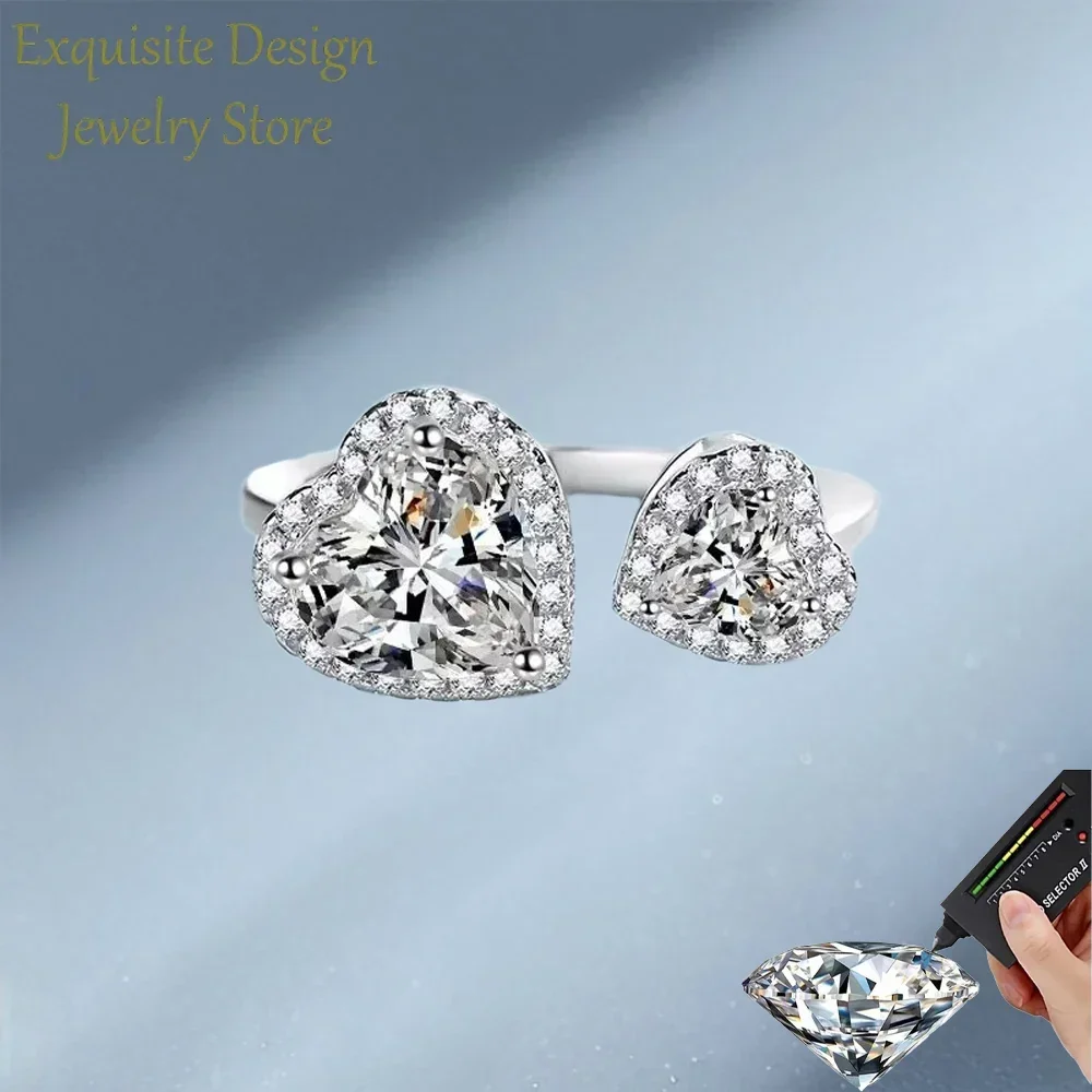 Exquisite Store PT950 Platinum Mind Acts Upon Mind RomanticRing, 2.5CT Moissanite Ring Double Heart Designer Jewelry for Women