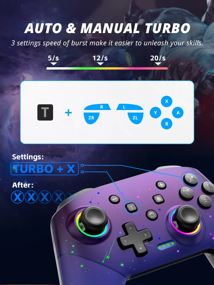 Pengontrol Data Frog nirkabel untuk Nintendo Switch, Gamepad OLED/LITE/PC Pro dengan fungsi Turbo yang dapat diprogram lampu RGB