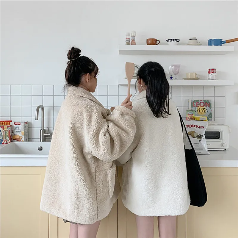 Lamb Fur Jaet Women's Loose Square Collar Single Button Autumn Winter New Small Size Student Faion Outerwear Coat