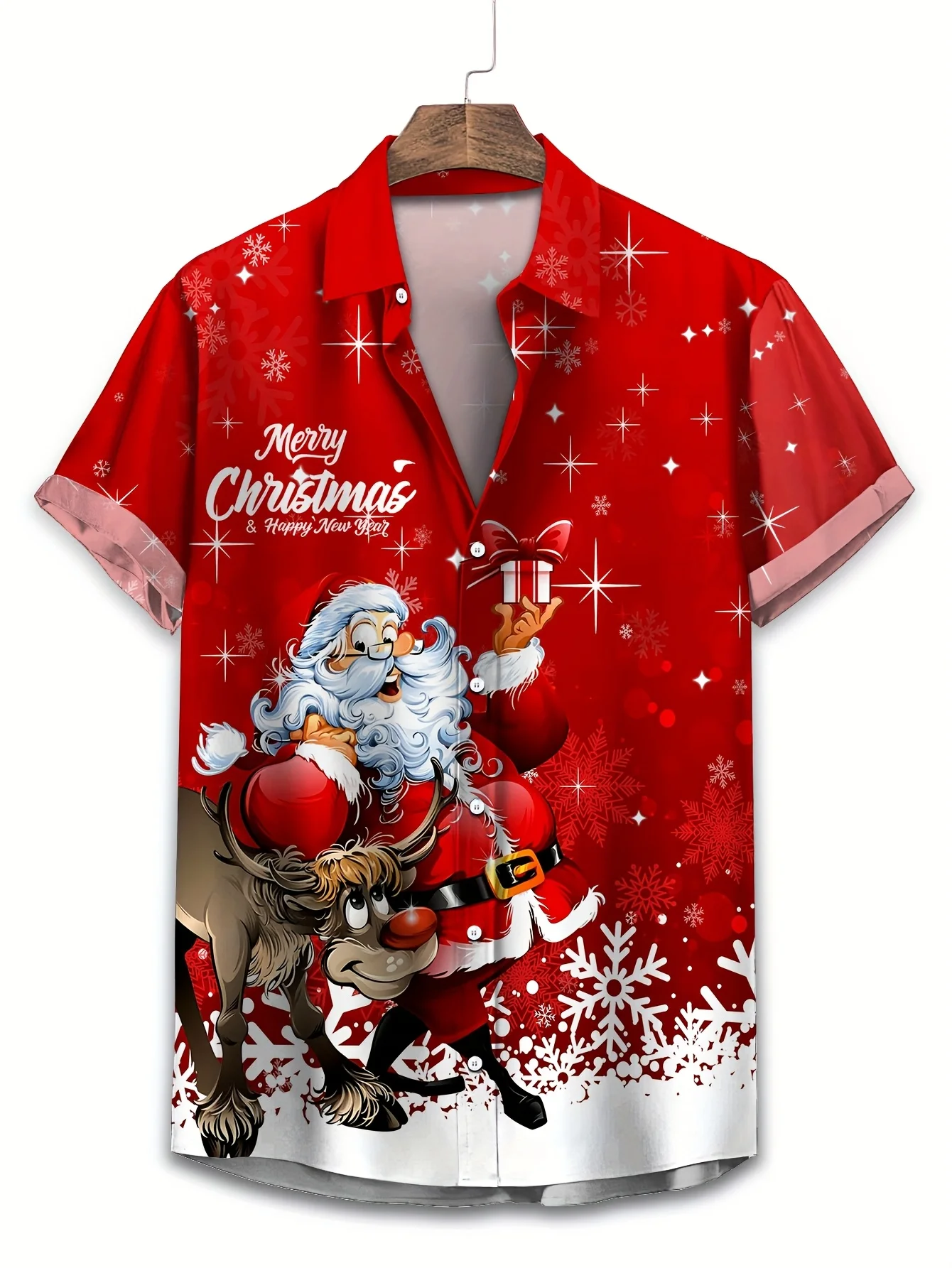 Trendy Men Button‑Up Shirt Red Cartoon Santa Elk Snowflakes Festival Art Print Polyester Christmas Party Casual