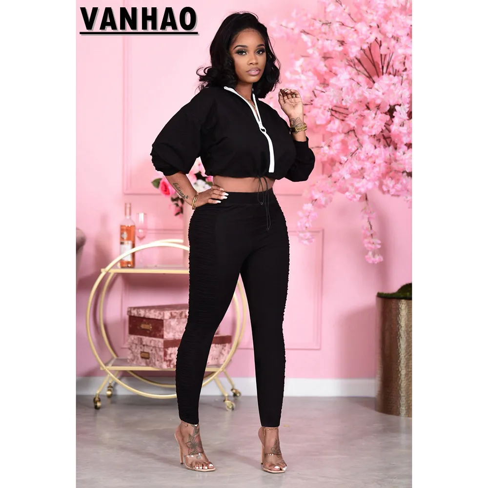 VANHAO 2022 Long Sleeve Cropped Zip Up Sweatshirts Women Two Piece Pants Set Casual Tracksuit Wholesale Dropshipping