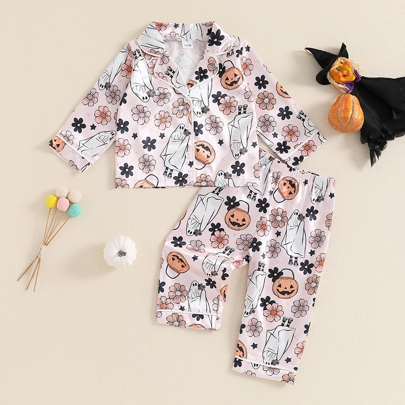 

VISgogo Little Girls Halloween Pajamas Set Pumpkin Print Long Sleeve Button Down Tops Elastic Waist Pants 2 Piece Set for Fall