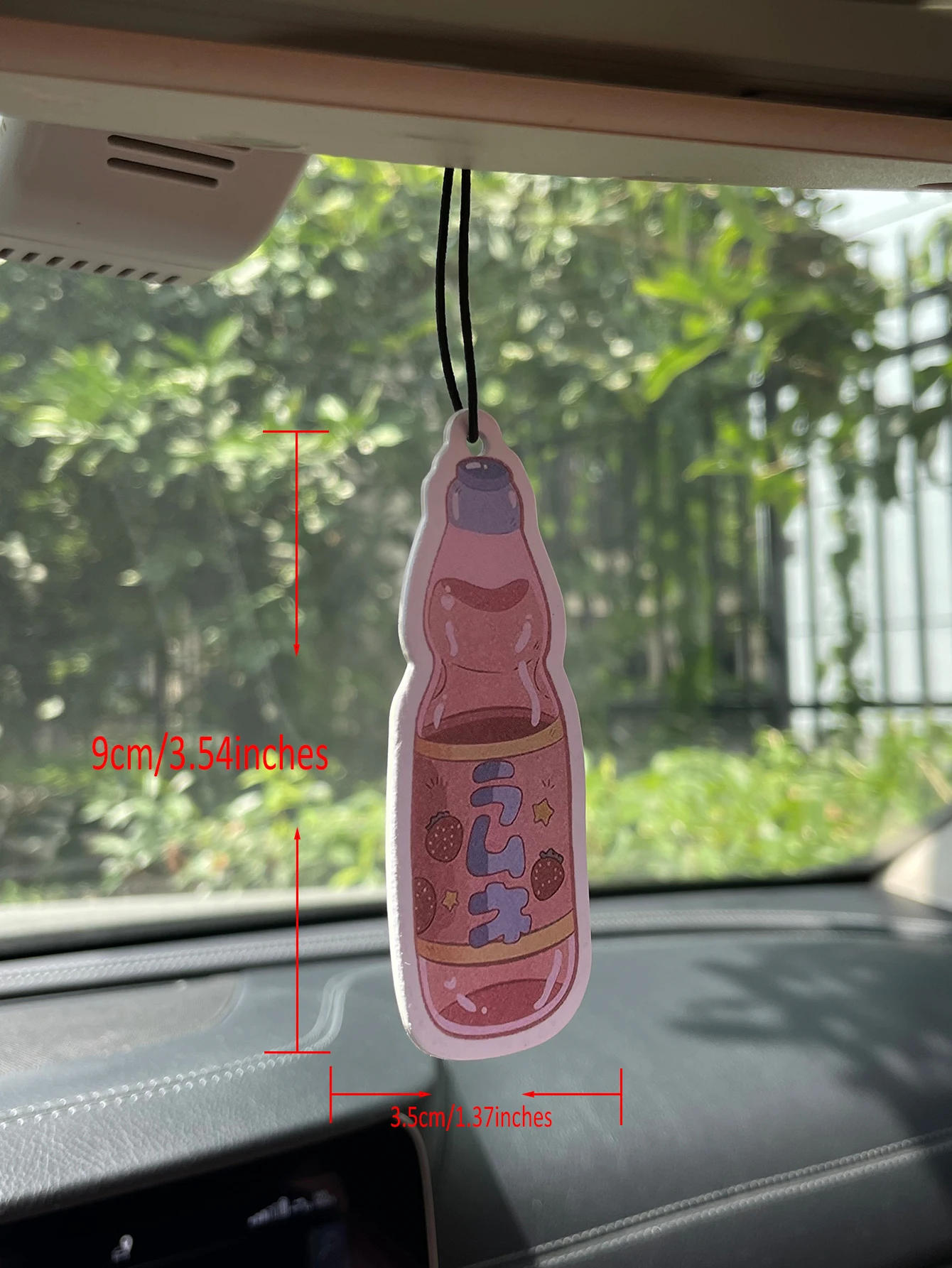 Kawaii Japanese Strawberry Ramune Soda Bottle Car Air Freshener Hanging Scent Card, Pastel Anime Marble Pop Drink Rearview Mirro